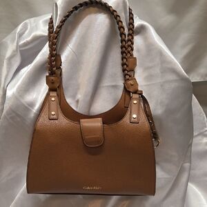Calvin Klein Shelly Novelty Satchel Camel Vegan Leather Gold Hardware
